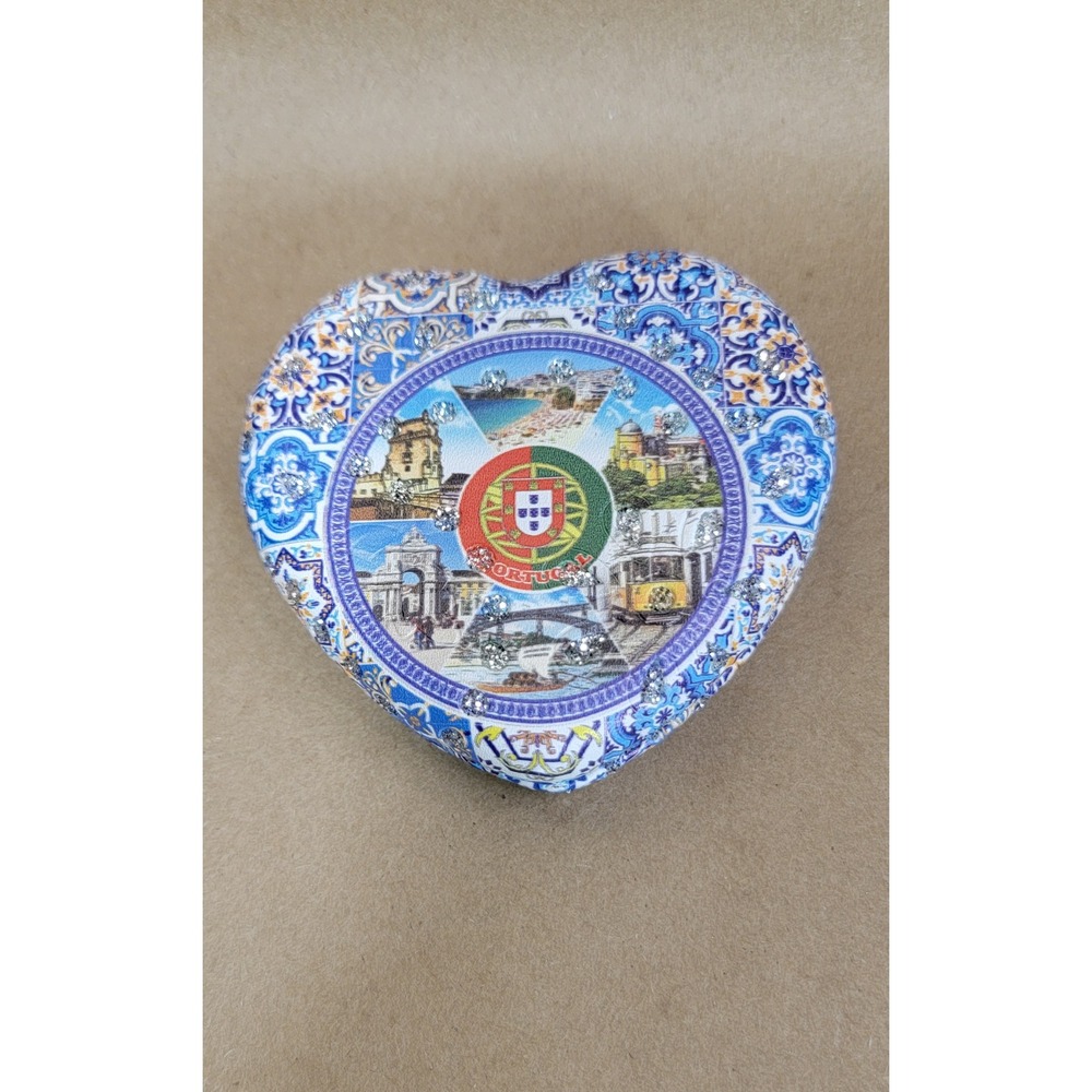 Portugal Souvenir Heart Compact Mirror Azulejo Tile Design Rhinestone Accents